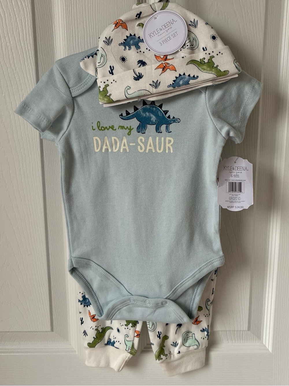 Kyle & Deena Baby 3-Piece Dino Bodysuit Set - Blue & White